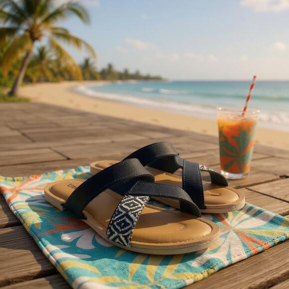 Minnetonka Faribee Strappy Sandals Black White Foam Comfort Womens 9 - Picture 1 of 9